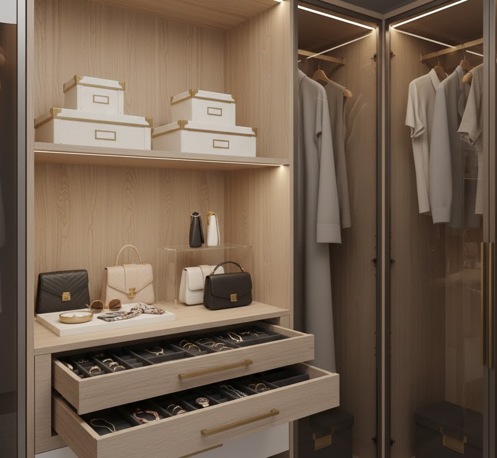 Stylish wardrobe with accessories display
